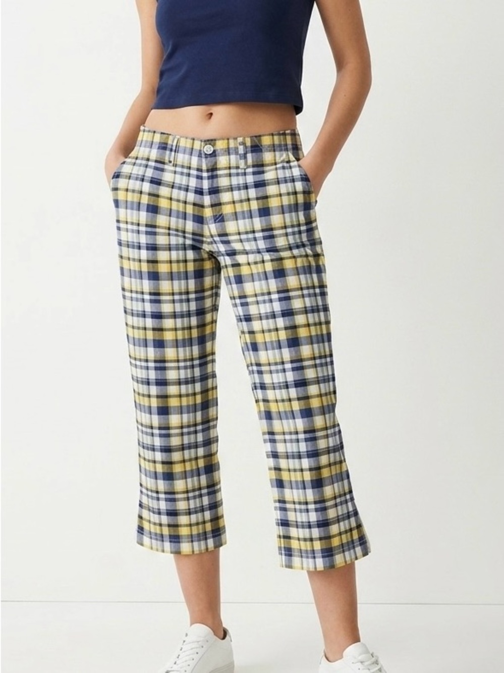 American Eagle Plaid Capri Pants Size 4 Yellow Navy Blue Cotton Crop Side Slit